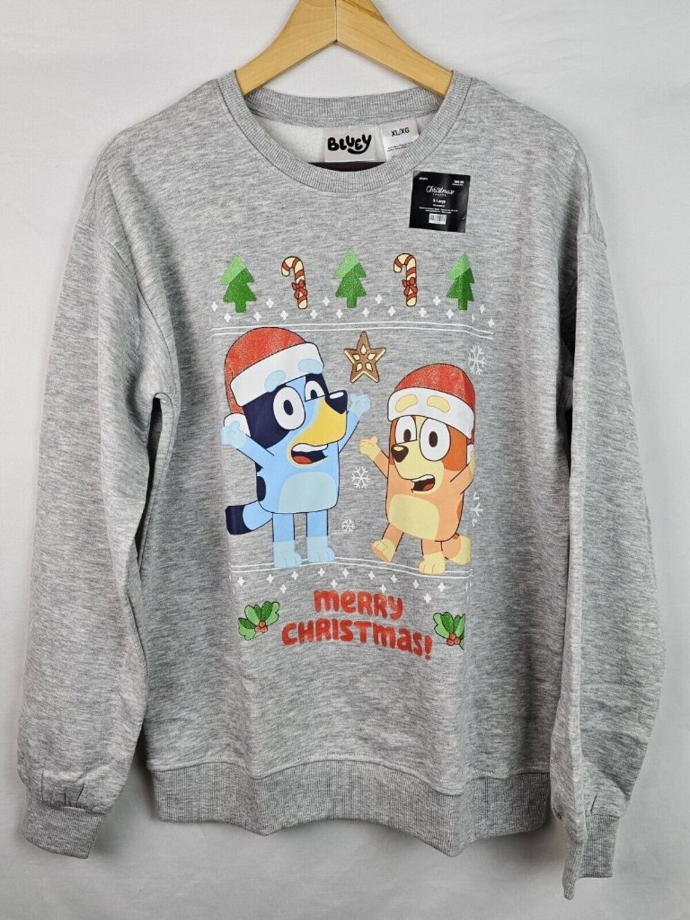 Bluey Christmas Sweatshirt Kids Size XL Gray BBC Studios Cartoon Bingo Shirt